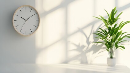Minimalist room interior with clock and plant. Sunlight casts shadows on white walls