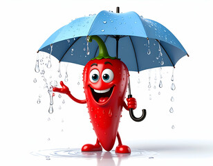 Cartoon Chili Pepper Character Under Umbrella Rainy Day Fun