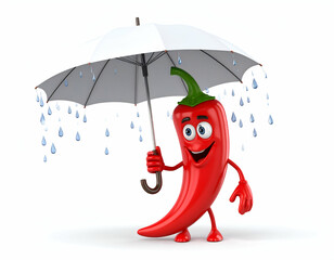 Spicy Cartoon Chili Pepper Under Umbrella Rainy Day Fun