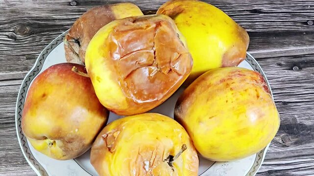 Rotten apple fruit, that harbor mold and bacteria, mould is one of the structures that certain fungi can form, formation of spores containing fungal secondary metabolites, discolored, disambiguation