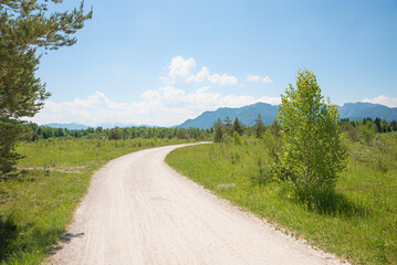 way through riparian Zone Isar river, Brauneck mountain view