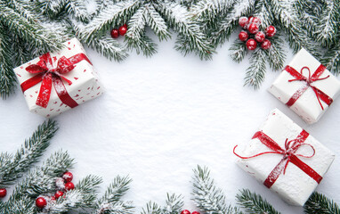 A festive Christmas tree with ornaments, gifts, and snow creates a perfect holiday background for your winter celebration