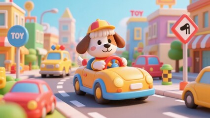 Obraz premium Cute dog driving a car in a colorful toy town with playful buildings and vehicles.