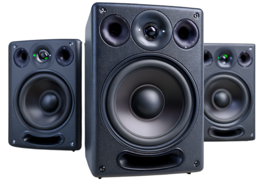 Three black studio monitor speakers with green indicator lights isolated on transparent background