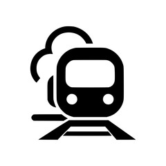 Train icon with steam on railway tracks in black silhouette style  