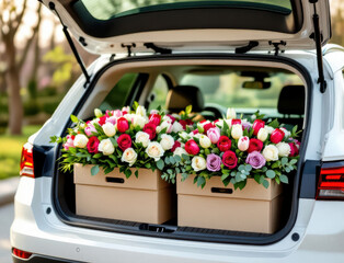Spring flower delivery with vibrant tulips and roses in car trunk ready to surprise loved ones