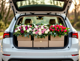 Beautiful flower delivery in spring: car trunk filled with tulips and roses for a romantic surprise