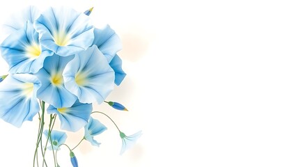 Obraz premium Delicate light blue morning glory flowers with buds on a soft white background