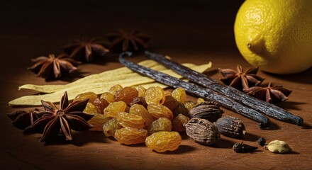 Fototapeta premium Rustic Still Life Dried Spices, Fruits & Lemon