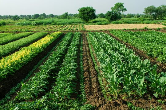 A visual of biodiversity-rich farming, where multiple crops thrive together instead of monoculture fields