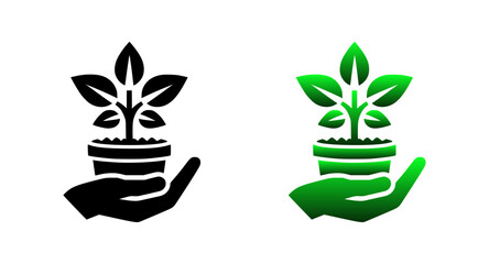 Hands holding a potted plant in two color variations, silhouette icon set