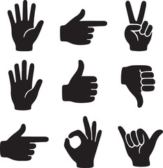 Diverse Hand Gesture Black Silhouette Icon Set - Communication and Interaction Symbols Vector