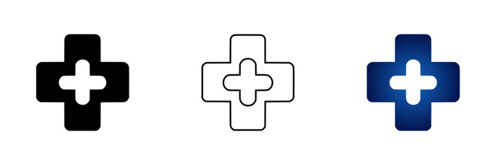 Obraz premium Medical cross icon in black, contour, and blue gradient styles, icon set 