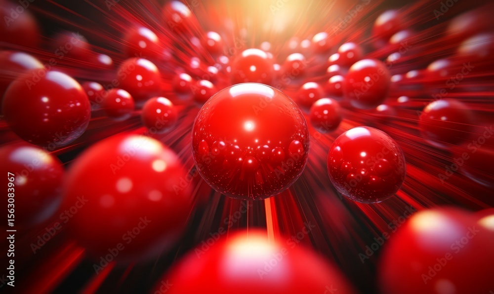 Fototapete abstract red sphere tunnel: a dynamic 3d render of shiny red spheres moving in a tunnel of light