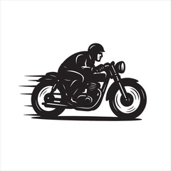 Fototapeta premium Dynamic Black Silhouette Motorcycle Racer with Speed Lines - Vintage Biker in Action Vector Graphic