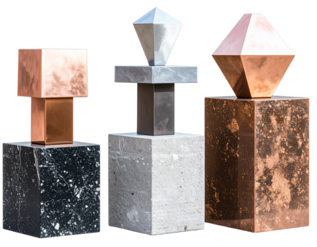 generic modern abstract decor sculpture in deferent chrome cement stone rose gold transparent background.