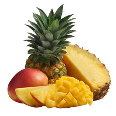 Whole and sliced ripe mango and pineapple with water droplets isolated on transparent background