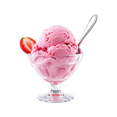 Delicious scoop of strawberry ice cream in a glass bowl, garnished with a fresh strawberry.