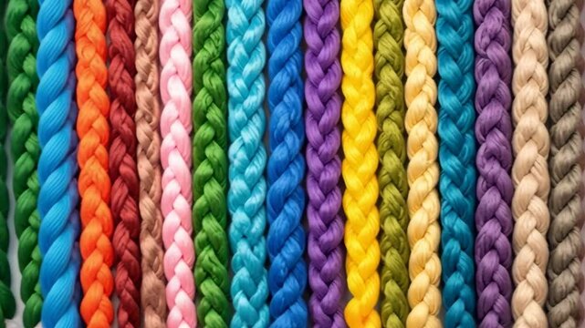 Arrangement of vividly colored, braided embroidery flosses create a textured, vibrant pattern, suitable for crafting and design projects.