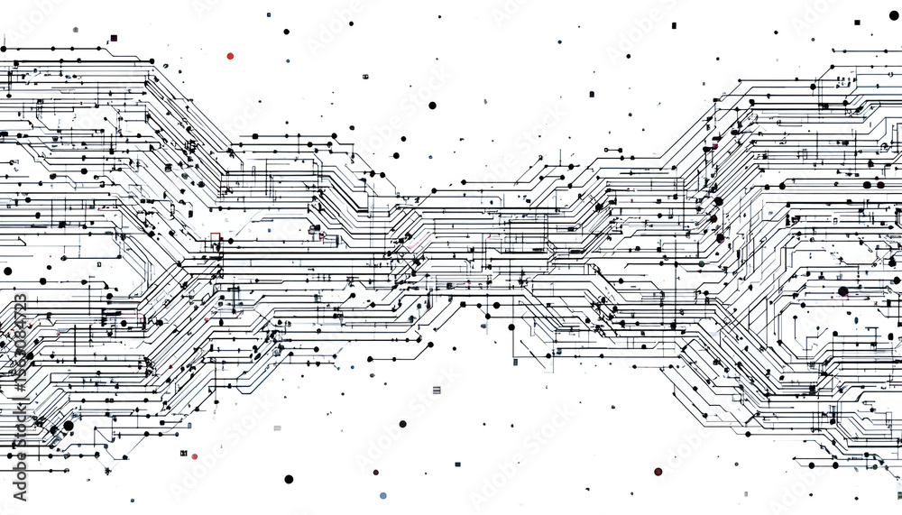 Fototapete Circuit board visualization shows a complex network with interconnecting lines and data points, perfect for tech or science backgrounds.