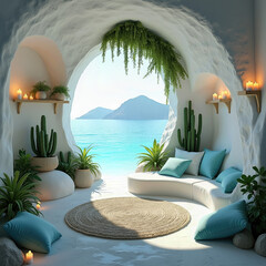 Obraz premium A serene candlelit cave sanctuary with a large arched window overlooking the tranquil sea, creating a perfect romantic and peaceful retreat. 