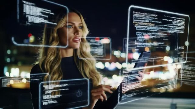 Attractive blonde woman engaging with floating transparent holographic screens through touch interaction in a sleek futuristic office