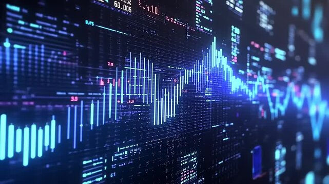 Abstract digital financial data visualization with glowing graphs and charts on a dark background - Powered by Adobe