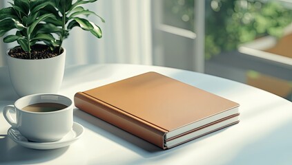 Light-tan notebook on a white table, beside a cup of coffee and a potted plant, near a window