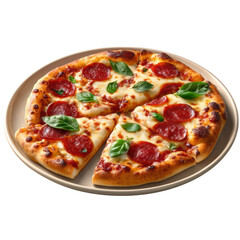 A tasty pepperoni pizza with basil leaves on a plate isolated on transparent background