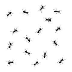 Pattern of scattered black ants on a white background. Repeating insect design perfect for wallpapers, textiles, backgrounds, or nature-themed decorations