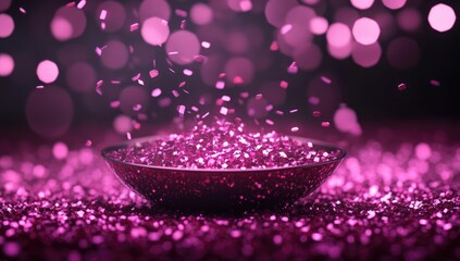 Deep magenta bowl filled with sparkling glitter, with more falling around