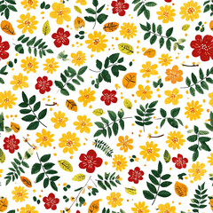 A flowery pattern with yellow and red flowers and leaves