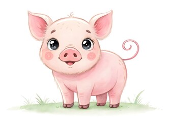Watercolor illustration of a cute pink piglet on grass