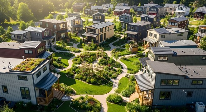 An aerial view of a tiny home community, showing several small houses with unique designs, shared green spaces, and communal gardens.