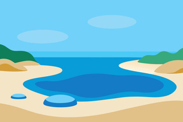 Stylized flat illustration of a serene beach cove with calm blue water and green hills