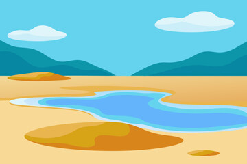 Cartoon Landscape with Lake Mountains Sky and Clouds in a Flat Style
