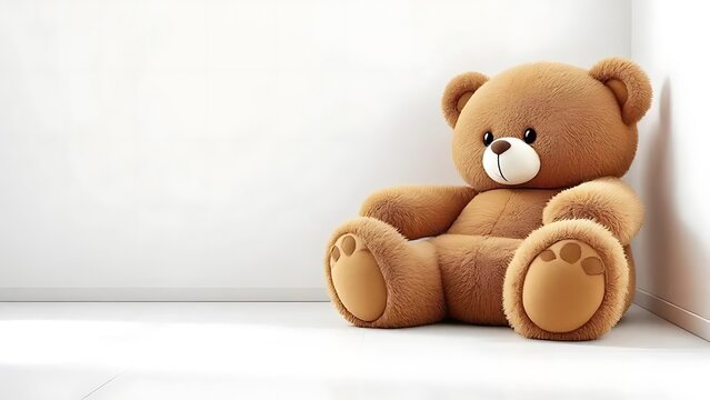 A fluffy brown teddy bear creatively shaped into an armchair, set in a minimalist white room. Perfect for whimsical interior design, children's furniture, or playful decor concepts