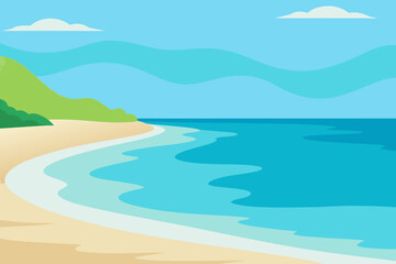 Stylized flat illustration of a tropical beach with green hills and blue ocean waves