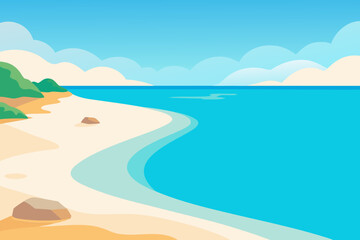 Stylized flat illustration of a tropical beach with turquoise water and green hills