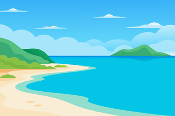 Stylized tropical beach with green hills and turquoise ocean under a blue sky