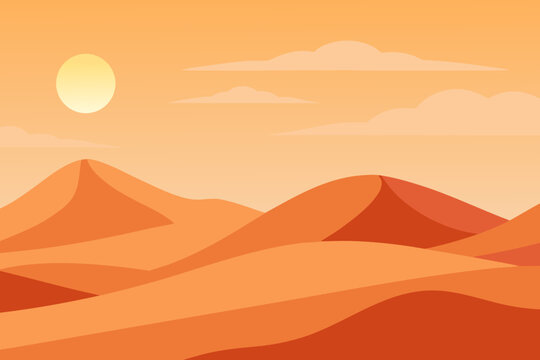 Stylized desert landscape with rolling sand dunes under a warm sun and clouds