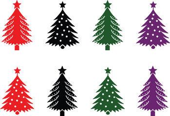 A festive vector illustration set of green fir Christmas trees decorated with snow and stars, perfect for winter holiday celebrations