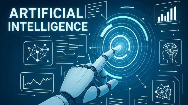 A futuristic scene showcasing artificial intelligence with a robotic hand interacting with digital interfaces and data graphics, highlighting innovation and technology evolution. - Powered by Adobe