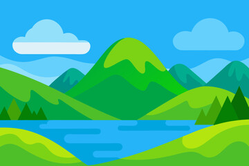 Fototapeta premium Cartoon Landscape with Green Mountains Blue Lake and Fluffy White Clouds