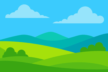 Obraz premium Cartoon Landscape with Green Hills Blue Sky and Fluffy Clouds Illustration
