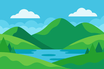 Serene mountain landscape with a calm lake and fluffy clouds