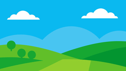 Bright sunny day over rolling green hills and blue sky