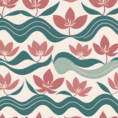 Seamless abstract floral pattern with curved lines and petal-like forms in muted tones like dusty pink, sage green, and beige. Minimalist, airy, elegant, and perfect for textile printing.