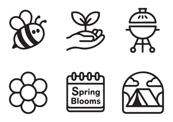 Collection of spring icons including bee flower grill calendar and tent isolated on white background