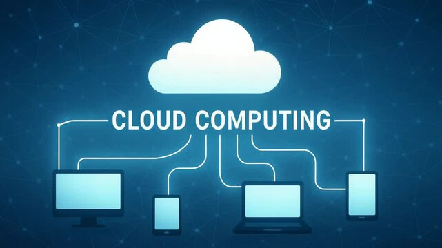 A modern digital illustration showing cloud computing concept with various devices connected to a central cloud. It symbolizes connectivity, convenience, and advanced technology.